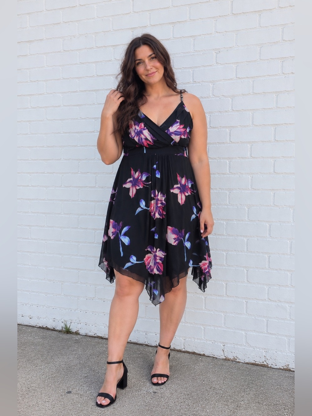 Ricki’s Womens Size 14 Black Floral Midi Dress Asymmetrical Hem Wedding Guest